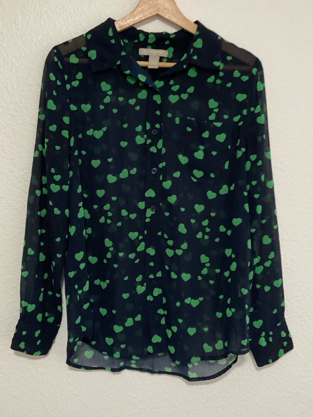 Banana Republic Button Up Shirt Top Size S Womans Navy Green Heart Print Sheer